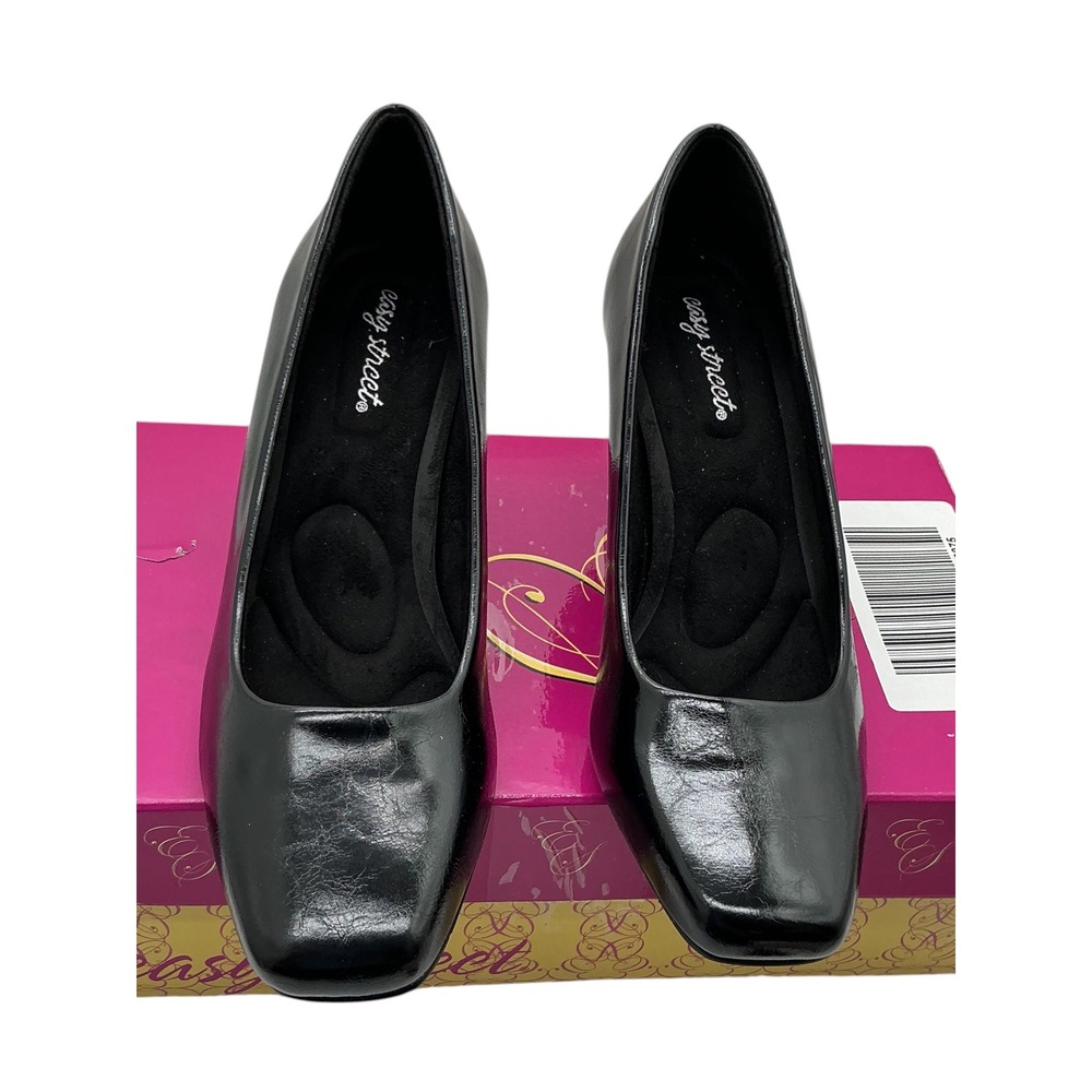 Easy Street Poet Black Crinkled Patent Square Toe Block Heel Pumps 31-2525  7